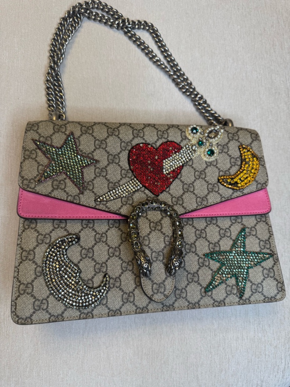 Gucci Beige GG Supreme Shoulder Bag with Pink Trim and Crystal Embellishments
